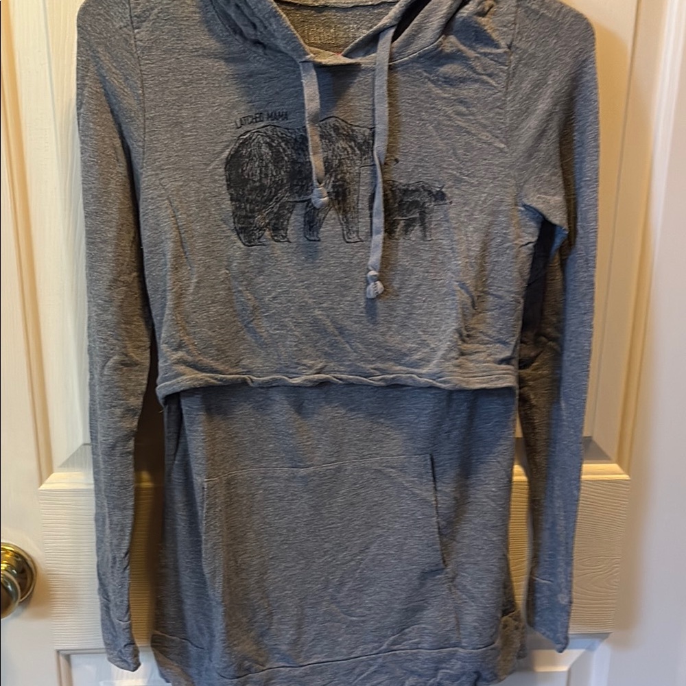 Latched Mama Charcoal Hooded Long Sleeve Nursing Top w/bear sz xs
